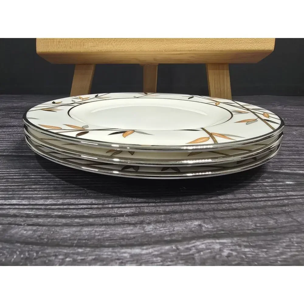 3 Vintage Lenox Kyoto Salad Plates 8-1/8” Bone China USA Bamboo Platinum Rim